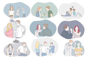 Conflicts in couple, misunderstanding, problems in communication concept. Young couples arguing, fighting, having problems with mutual understanding and quarrelling with each other illustration vector