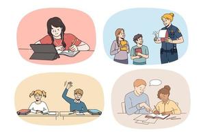 Collection of small teen kids study online at home on lockdown. Set of teenage children learning on gadgets on quarantine indoors. Remote education concept. Flat vector illustration.