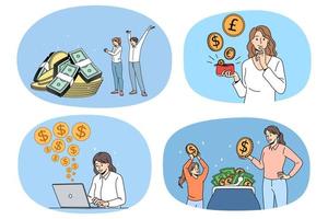 Collection of happy people get money from investment. Set of excited women receive cash or dividend feel financial stability. Finance and banking. Passive income. Vector illustration.