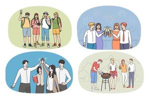 Set of smiling diverse friends have fun enjoy leisure times together. Collection of happy young people relax, enjoy vacation outdoors and celebrate. Friendship and unity. Vector illustration.