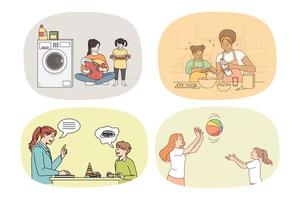 Set of loving happy mother spend time play with small kid. Collection of caring mom rest relax do daily activities and entertain with child. Motherhood and parenting. Vector illustration.