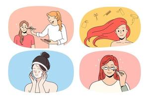 Set of women take care of face and skin make beauty procedures and treatment. Collection of girls do makeup enjoy cosmetology and spa skincare. Beautician and cosmetic. Vector illustration.