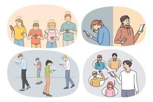 Set of diverse people addicted to cellphones text and message on gadgets. Collection of diverse humans use smartphones scroll browse social media. Device addiction. Vector illustration.