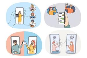 un conjunto de personas diversas usan teléfonos inteligentes para comunicarse en Internet usando aplicaciones de teléfonos celulares. colección de hombres y mujeres tienen mensajes de conversación de teléfonos celulares en línea en dispositivos. tecnología. ilustración vectorial vector