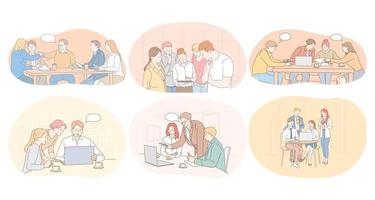 Teamwork, brainstorming, office, negotiations, working, cooperation, collaboration concept. Business people office workers discussing projects startup together during brainstorming, sharing opinions vector