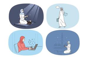 Set of Arabian woman in traditional clothes in daily life. Collection of Arabic female in hijab work on computer and pray to Allah. Arab community and religion. Flat vector illustration.