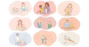 Mother and child, motherhood, home activities with children concept. Young women mothers feeding, playing, drawing, washing, practicing yoga, communicating and teaching children vector illustration