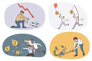 Collection of motivated businesspeople run catch money strive for business success. Set of employees chase after banknotes and coins. Finance and banking. Vector illustration.