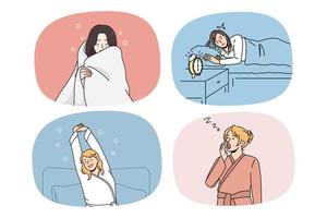 Collection of women in homewear awake from night sleep yawn and sigh feel fatigue. Set of girls in pajama awaken from nap or dream. Good and bad sleeping. Vector illustration.