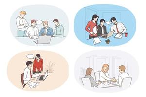 Set of diverse successful businesspeople work collaborate at team meeting at workplace. Bundle of employees or business partners cooperate in office. Teamwork. Vector illustration.