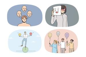 Set of diverse people with different emptions suffer from bipolar disorder or mood swing. Collection of men and women struggle with mental psychological problems. Vector illustration.