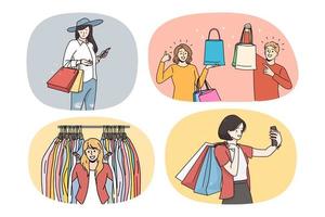 Set of happy women shopping on sales in mall or boutique. Collection of smiling girls with bags buy clothing on promotions or discounts. Consumerism and purchase. Vector illustration.