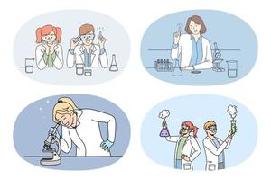 Set of people scientist work make experiments with test tubes in laboratory. Collection of researchers experiment with testtubes develop vaccine in lab. Biotechnology. Vector illustration.