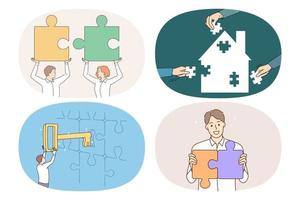 Set of smiling businesspeople connect jigsaw puzzles find solution to business problem or dilemma. Collection of happy people find answer or key to trouble or issue. Flat vector illustration.