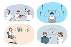 Set of diverse businesspeople with lightbulbs brainstorm generate creative innovative business ideas. Collection of employees with light bulbs consider make solution. Vector illustration.