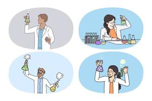 Set of people medical specialists work with test tubes in laboratory. Bundle of researchers in medicine uniform develop vaccine in lab. Pharmacy and biotechnology. Vector illustration.