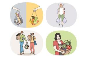 Set of young people with bags grocery shopping in supermarket. Bundle of man and woman buy products in food store follow healthy lifestyle. Eating and nutrition. Meal delivery. Vector illustration.