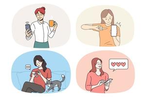 Set of smiling girls use cellphones communicate message online. Collection of young women hold smartphones text talk on internet on dating apps. Communication. Vector illustration.