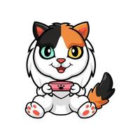 Cute turkish van cat cartoon holding food bowl vector