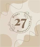 27 year anniversary, minimalist logo. brown vector illustration on Minimalist foliage template design, leaves line art ink drawing with abstract vintage background.