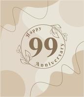 Aniversario de 99 años, logotipo minimalista. ilustración de vector marrón en diseño de plantilla de follaje minimalista, dibujo de tinta de arte de línea de hojas con fondo vintage abstracto.