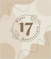 17 year anniversary, minimalist logo. brown vector illustration on Minimalist foliage template design, leaves line art ink drawing with abstract vintage background.