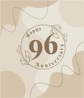 Aniversario de 96 años, logotipo minimalista. ilustración de vector marrón en diseño de plantilla de follaje minimalista, dibujo de tinta de arte de línea de hojas con fondo vintage abstracto.