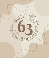 63 años de aniversario, logotipo minimalista. ilustración de vector marrón en diseño de plantilla de follaje minimalista, dibujo de tinta de arte de línea de hojas con fondo vintage abstracto.