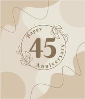 45 años de aniversario, logo minimalista. ilustración de vector marrón en diseño de plantilla de follaje minimalista, dibujo de tinta de arte de línea de hojas con fondo vintage abstracto.