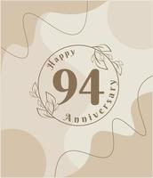 94 year anniversary, minimalist logo. brown vector illustration on Minimalist foliage template design, leaves line art ink drawing with abstract vintage background.