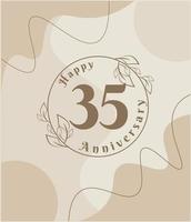 35 year anniversary, minimalist logo. brown vector illustration on Minimalist foliage template design, leaves line art ink drawing with abstract vintage background.