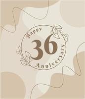 36 años de aniversario, logotipo minimalista. ilustración de vector marrón en diseño de plantilla de follaje minimalista, dibujo de tinta de arte de línea de hojas con fondo vintage abstracto.