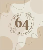 64 años de aniversario, logotipo minimalista. ilustración de vector marrón en diseño de plantilla de follaje minimalista, dibujo de tinta de arte de línea de hojas con fondo vintage abstracto.