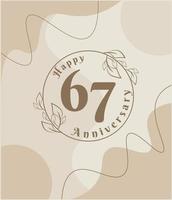 67 años de aniversario, logotipo minimalista. ilustración de vector marrón en diseño de plantilla de follaje minimalista, dibujo de tinta de arte de línea de hojas con fondo vintage abstracto.
