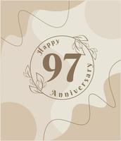 97 year anniversary, minimalist logo. brown vector illustration on Minimalist foliage template design, leaves line art ink drawing with abstract vintage background.