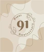 91 year anniversary, minimalist logo. brown vector illustration on Minimalist foliage template design, leaves line art ink drawing with abstract vintage background.