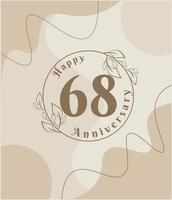 68 años de aniversario, logotipo minimalista. ilustración de vector marrón en diseño de plantilla de follaje minimalista, dibujo de tinta de arte de línea de hojas con fondo vintage abstracto.