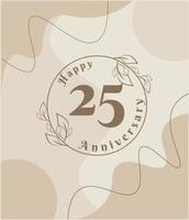 25 años de aniversario, logotipo minimalista. ilustración de vector marrón en diseño de plantilla de follaje minimalista, dibujo de tinta de arte de línea de hojas con fondo vintage abstracto.