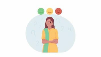 Animated pensive lady. Looped 2D cartoon flat characters on white with alpha channel transparency for web design. HD video footage. Hesitate woman. Emotional mood. Mixed feelings concept animation