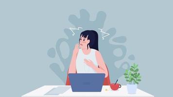 Animated lady under stress character. Panic attack at workplace. Full body flat person on grey background with alpha channel transparency. Colorful cartoon style HD video footage for animation