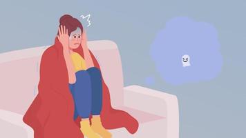 Animated stressed female character. Insomnia caused by scary films. Full body flat person on white background with alpha channel transparency. Colorful cartoon style HD video footage for animation
