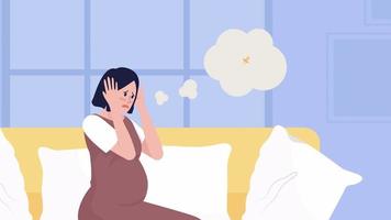 Animated pregnancy illustration. Maternity stress. Childbirth anxiety. Panic attack. Looped flat color 2D cartoon character animation with interior on background. HD video with alpha channel