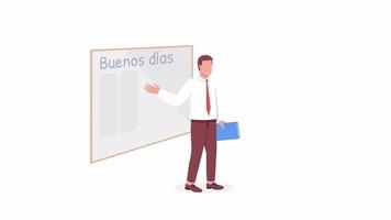 Animated Spanish teacher character. Explain material near blackboard. Full body flat person on white background with alpha channel transparency. Colorful cartoon style HD video footage for animation