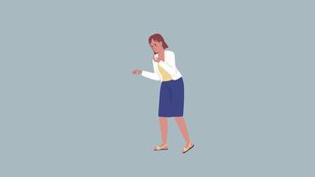 Animated empathic lady character. Worried colleague. Health issue. Full body flat person on grey background with alpha channel transparency. Colorful cartoon style HD video footage for animation