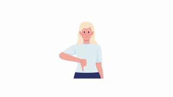 Animated girl shows disagreement. Thumb down gesture. Full body flat person on white background with alpha channel transparency. Colorful cartoon style HD video footage of character for animation