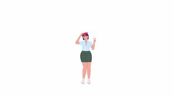 Animated french female character. Young woman greeting. Full body flat person on white background with alpha channel transparency. Colorful cartoon style HD video footage for animation