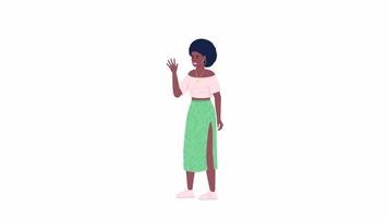 Animated greeting woman character. Female waving hand. Full body flat person on white background with alpha channel transparency. Colorful cartoon style HD video footage for animation