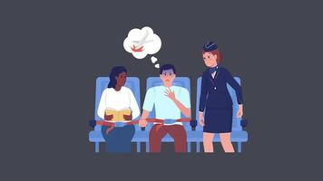 Animated frightened man character. Panic attack during flight. Full body flat people on grey background with alpha channel transparency. Colorful cartoon style HD video footage for animation