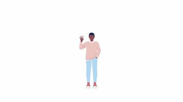 Animated character greets in English. Friendly young man. Full body flat person on white background with alpha channel transparency. Colorful cartoon style HD video footage for animation