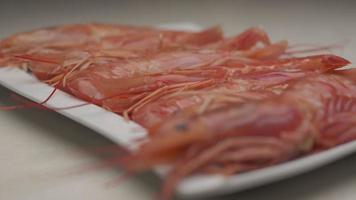 roter Garnelen-Feinschmecker mit frischen Meeresfrüchten, der auf Salat rotiert. Closeup auf rohe Garnelen argentinische Garnelen frische Meeresfrüchte video